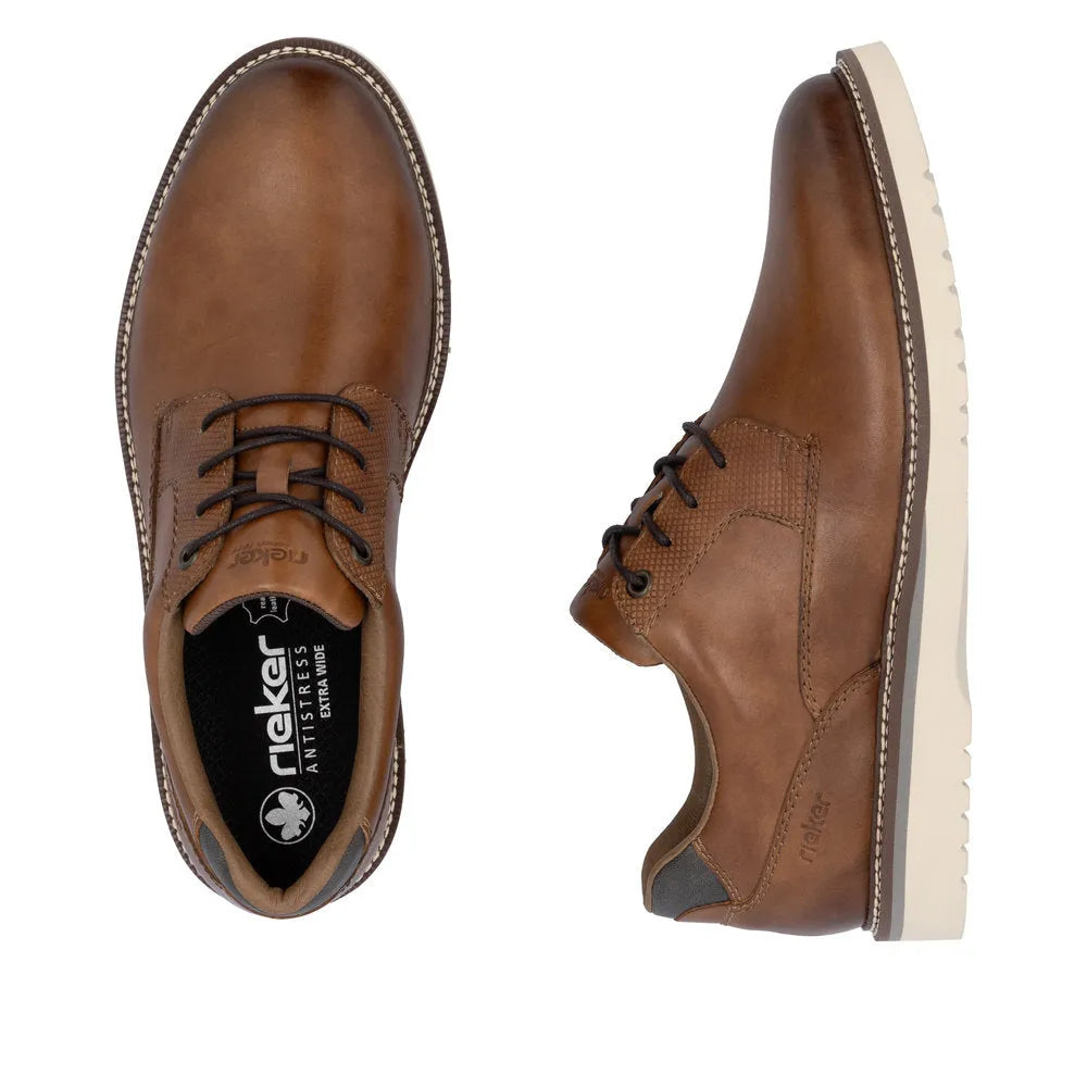 Rieker 04503-24 men's brown leather lace-up shoes with cushioned insole and white rubber sole, stylish casual footwear.