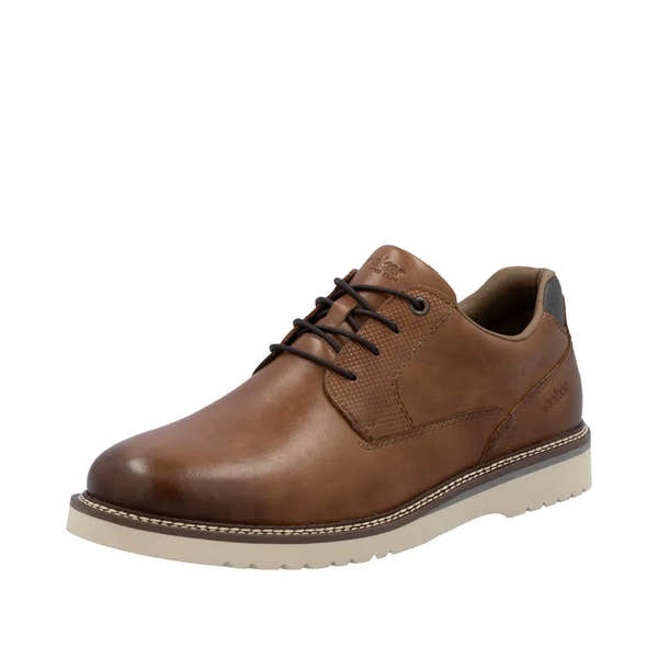 Rieker men's brown leather lace-up shoes with cushioned collar and white rubber sole, stylish and durable for casual wear.