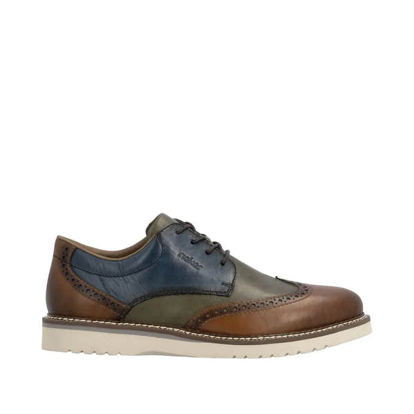 Rieker 04504-90 men's multi-color leather lace-up shoes with brogue detailing and white rubber sole.