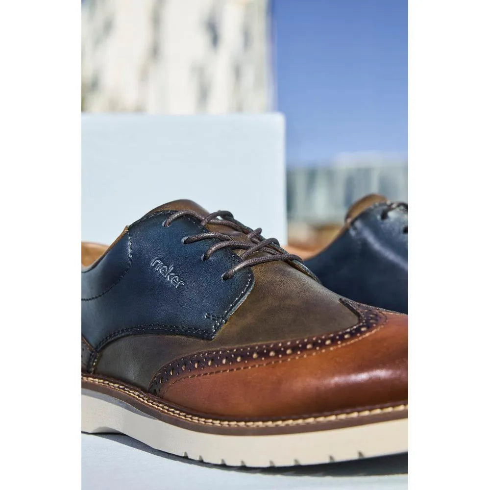Rieker 04504-90 men's multi-colored leather lace-up shoes with brogue detailing and white rubber outsole.
