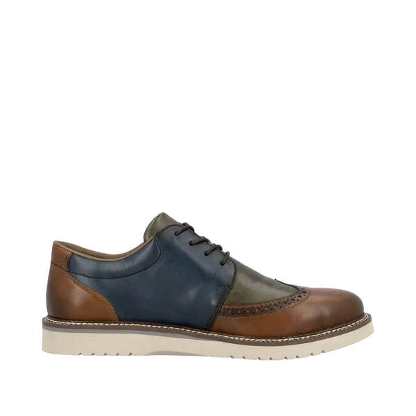 Rieker men's multi-color leather lace-up shoes with brogue detailing, padded collar, and white rubber sole for casual style.