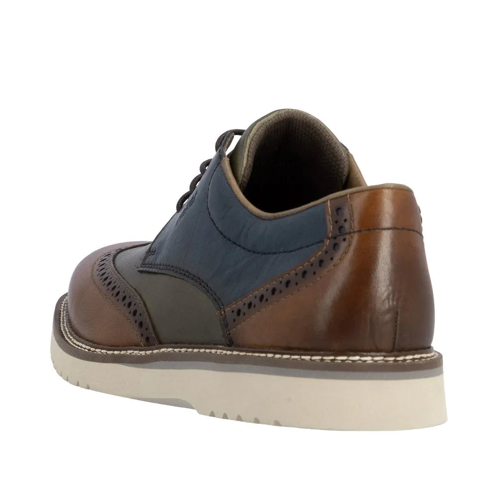 Rieker 04504-90 men's multi-color leather lace-up shoes with brogue detailing and white rubber sole.
