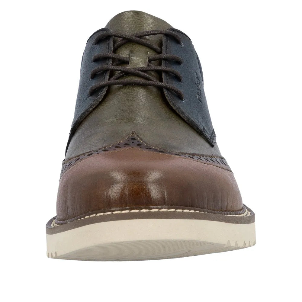 Rieker 04504-90 men's multi leather lace-up shoes with color-block design, brogue details, and thick white sole.
