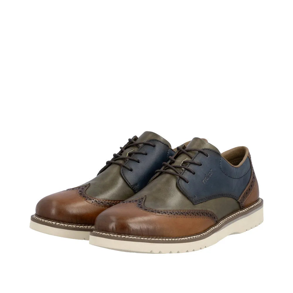 Rieker men's multi-color leather lace-up shoes with brogue detailing, cushioned sole, and stylish design.