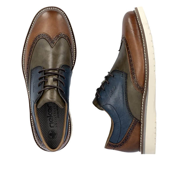 Rieker 04504-90 men's multi-color leather lace-up shoes with brogue detailing and white rubber sole.