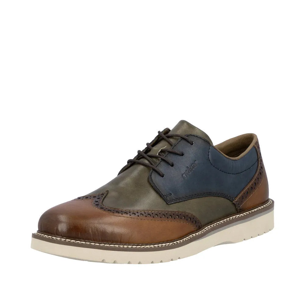 Rieker men's multi-color leather lace-up shoes with brogue detailing, cushion sole, and stylish casual design.