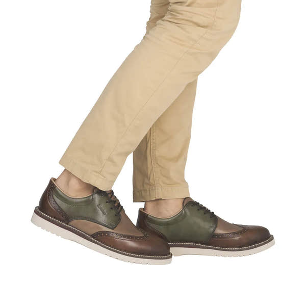 Men's Rieker 04504-91 wide-fit brown and green leather lace-up shoes with brogue detailing and white rubber soles.