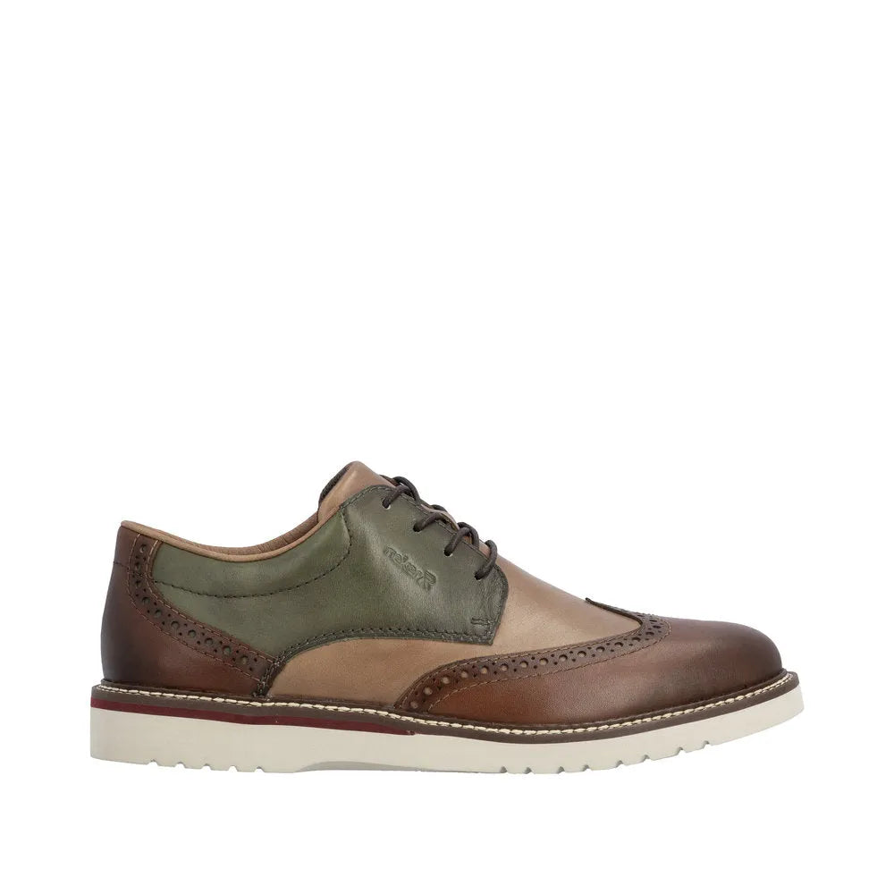 Rieker men's wide brown and green leather lace-up shoes with brogue details and a white rubber sole.