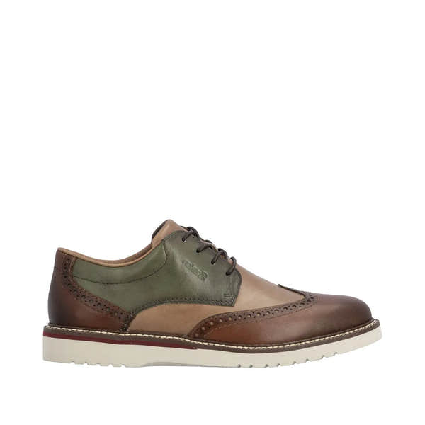 Rieker men's wide brown and green leather lace-up shoes with brogue details and a white rubber sole.