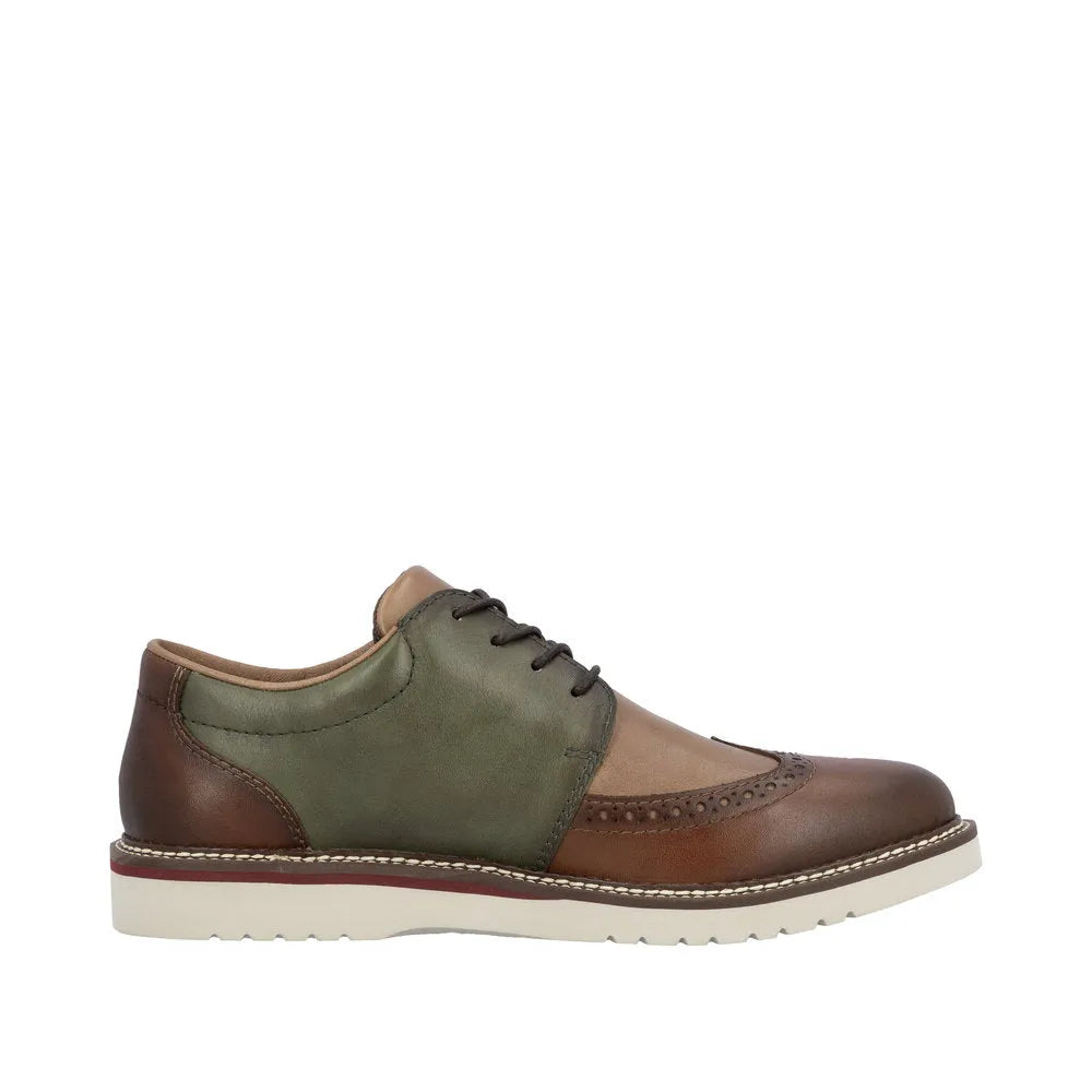 Rieker 04504-91 men's wide brown and green leather lace-up shoes with brogue detailing and white rubber sole.