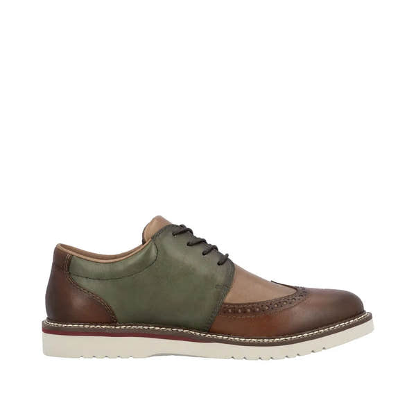 Rieker 04504-91 men's wide brown and green leather lace-up shoes with brogue detailing and white rubber sole.