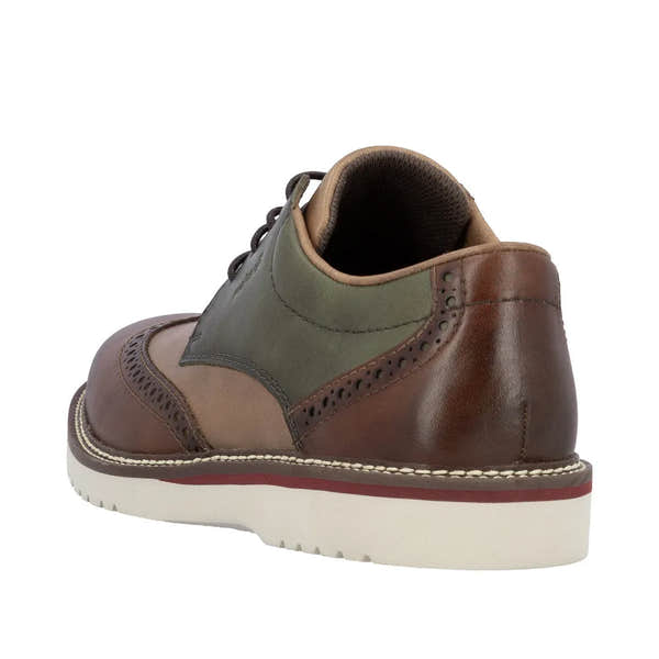 Rieker men's wide brown and green leather lace-up shoe with brogue detailing and a white rubber sole.