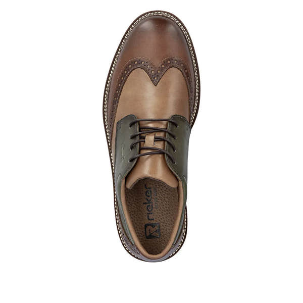 Men's wide brown and green leather lace-up dress shoes with decorative brogue details and contrasting stitching.