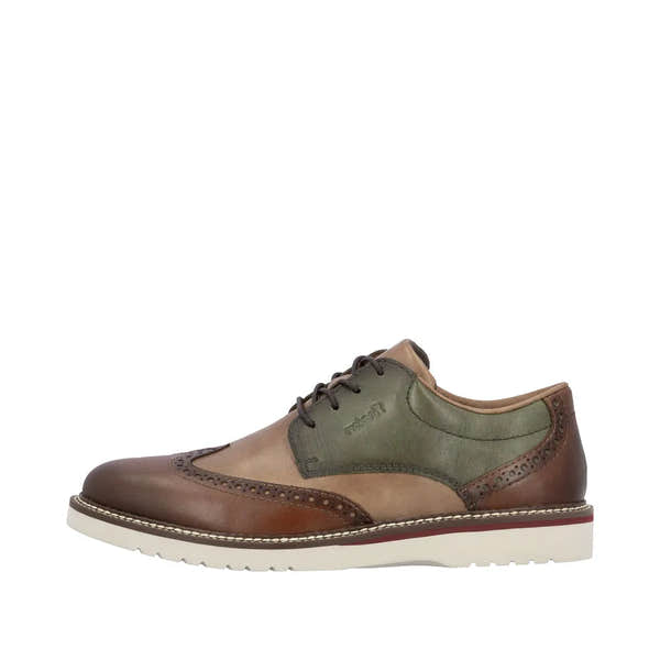 Rieker men's wide brown and green leather lace-up shoes with brogue detailing, beige lining, and white outsole.