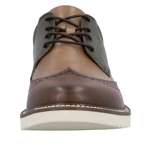 Men's wide brown and green leather lace-up shoes with brogue detailing and a white sole.