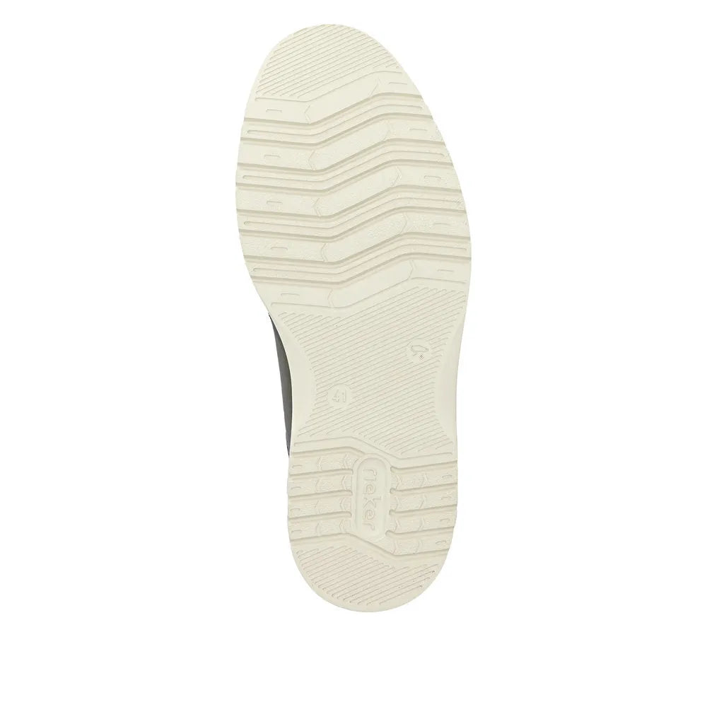 Rieker 04504-91 men's wide brown and green leather lace-up shoes with textured beige sole and stitching details.