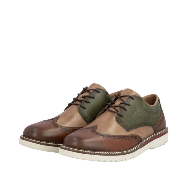 Rieker 04504-91 men's wide leather lace-up shoes in brown and green with brogue detailing and a white rugged sole.