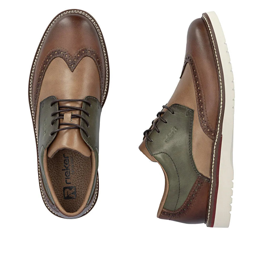 Rieker men's wide leather lace-up shoes in brown, green, and beige with brogue detailing and a white rubber sole.