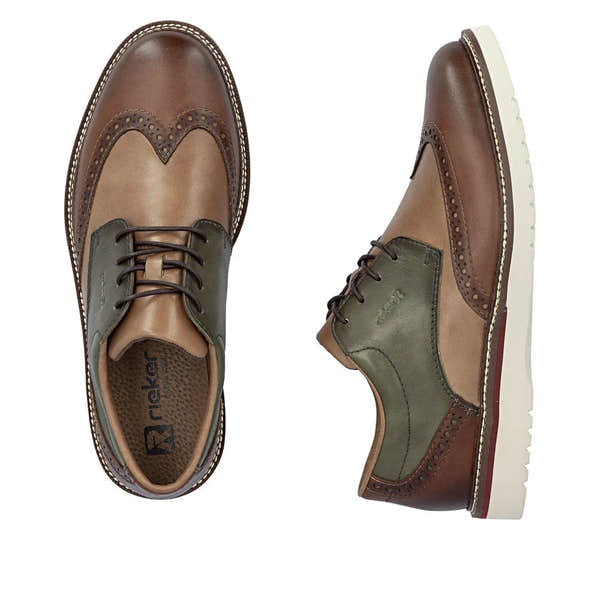 Rieker men's wide leather lace-up shoes in brown, green, and beige with brogue detailing and a white rubber sole.