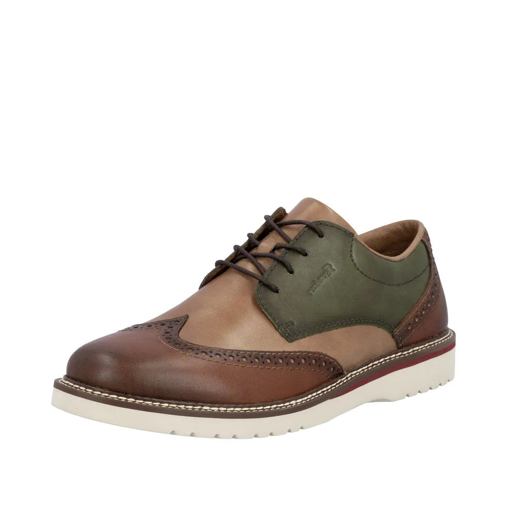 Rieker men's wide brown and green leather lace-up shoes with brogue detailing, beige collar, white sole, and contrasting stitching.