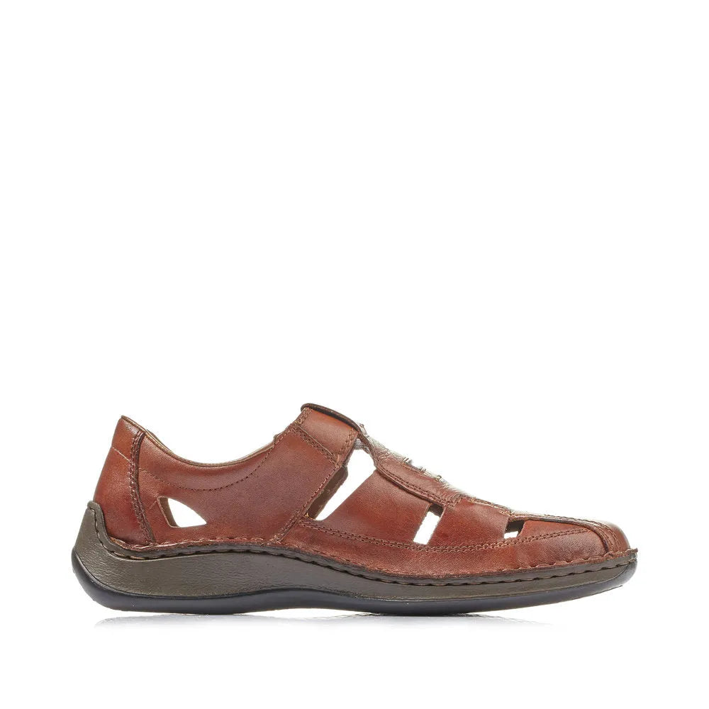 Rieker 05284-24 men's wide brown leather slip-on sandals with touch fastening straps and cushioned sole.