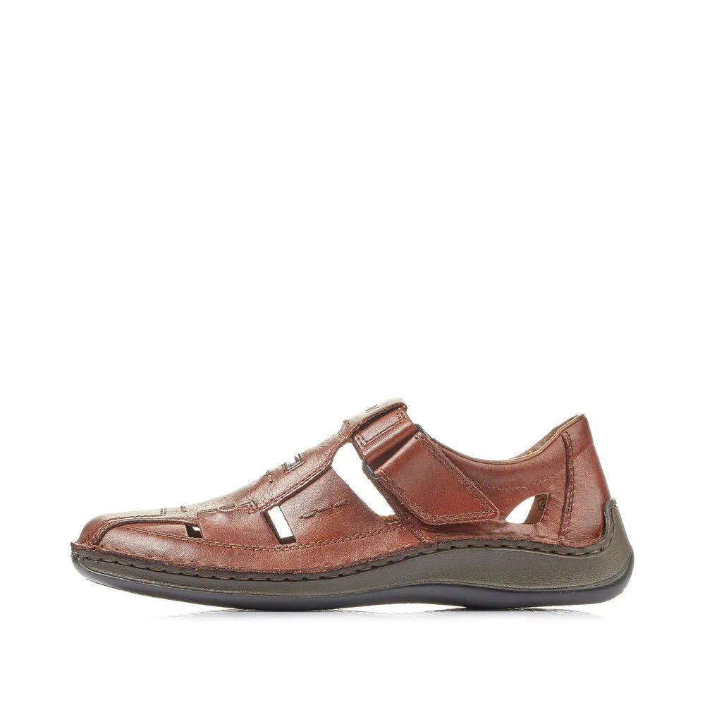 Rieker 05284-24 men's wide brown leather touch fastening casual shoes with open toe design and cushioned sole.