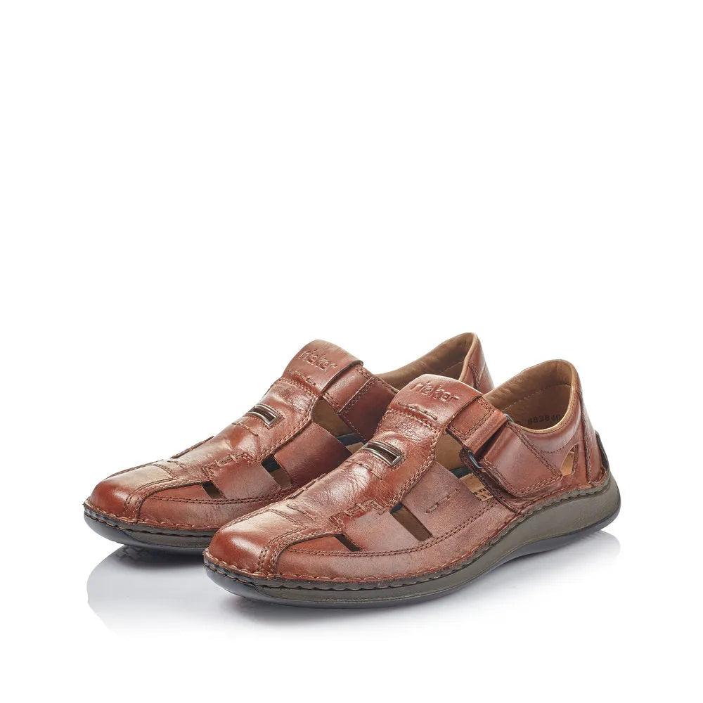Rieker 05284-24 men's wide fit brown touch fastening sandals with closed toe and open sides, cushioned sole for comfort.