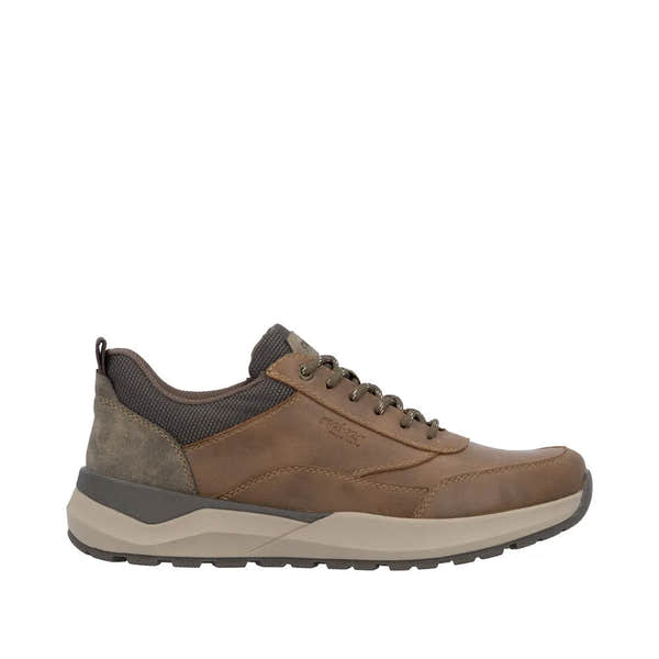 Rieker men's brown leather sneakers with zip and lace fastening, cushioned sole, and contrasting gray accents.