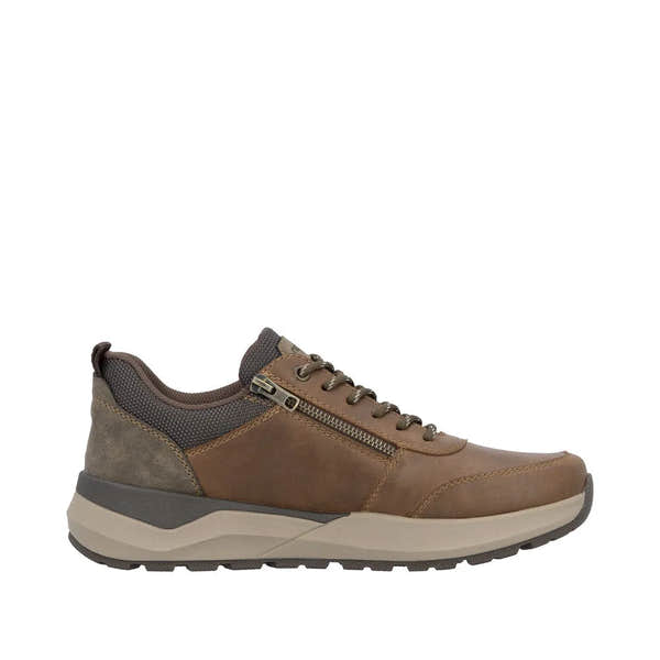 Rieker 06000-22 men's brown casual shoes with zip and lace-up closure, cushioned sole, and mixed leather and textile upper.