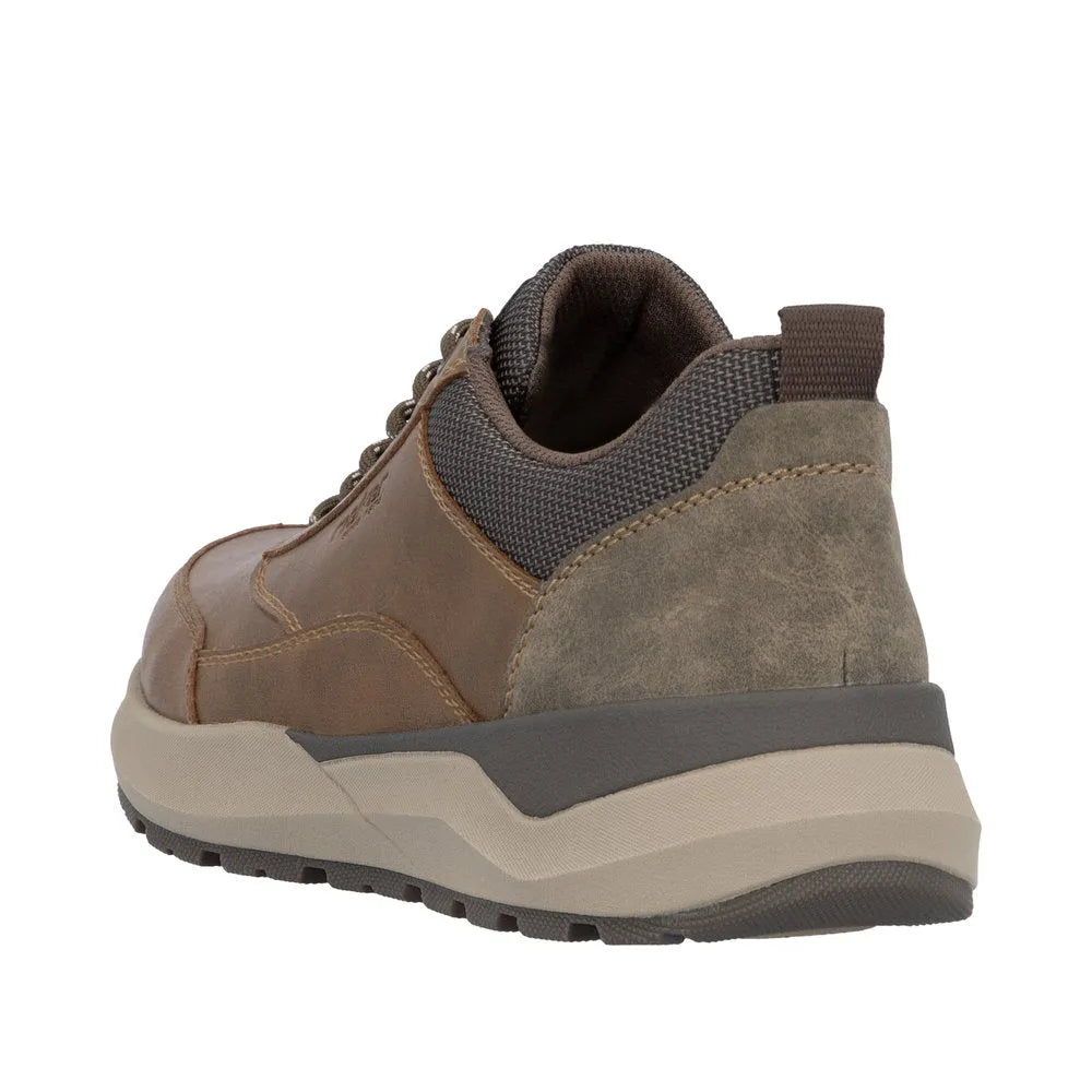 Rieker men's brown zip and lace-up casual shoes with cushioned sole and padded collar, stylish leather and fabric upper.