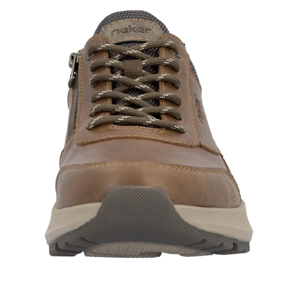 Rieker 06000-22 men's brown zip and lace casual shoes with cushioned sole and rugged outsole.