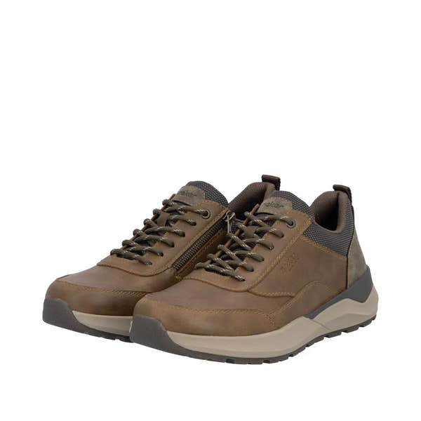 Rieker men's brown zip and lace casual shoes with cushioned sole, sporty design, and breathable fabric accents.