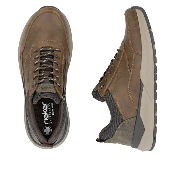 Rieker men's brown zip and lace-up casual shoes with durable leather upper and contrast sole, lightweight and comfortable for everyday wear.