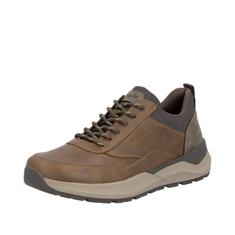 Rieker men's brown casual sneakers with zip and lace-up closure, cushioned collar, and durable rubber sole.