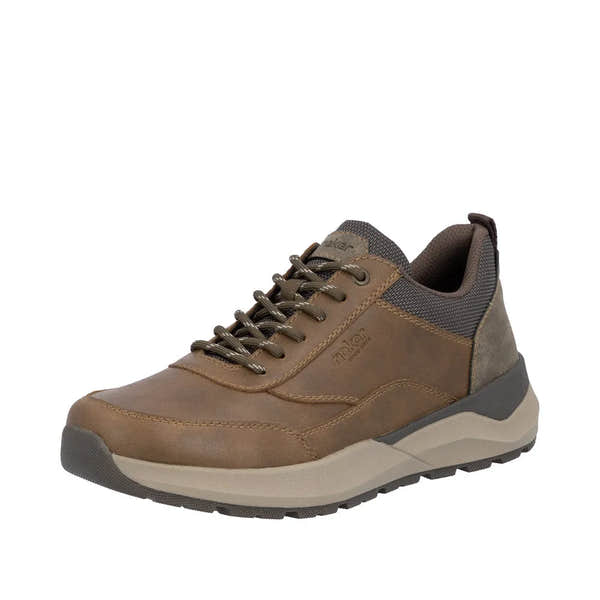 Rieker men's brown casual sneakers with zip and lace-up closure, cushioned collar, and durable rubber sole.