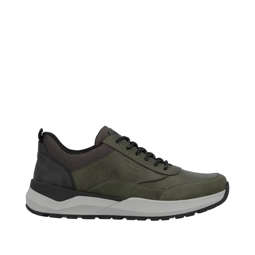 Rieker 06000-54 men's green casual sneakers with zip and lace-up closure, lightweight sole, and sporty design.