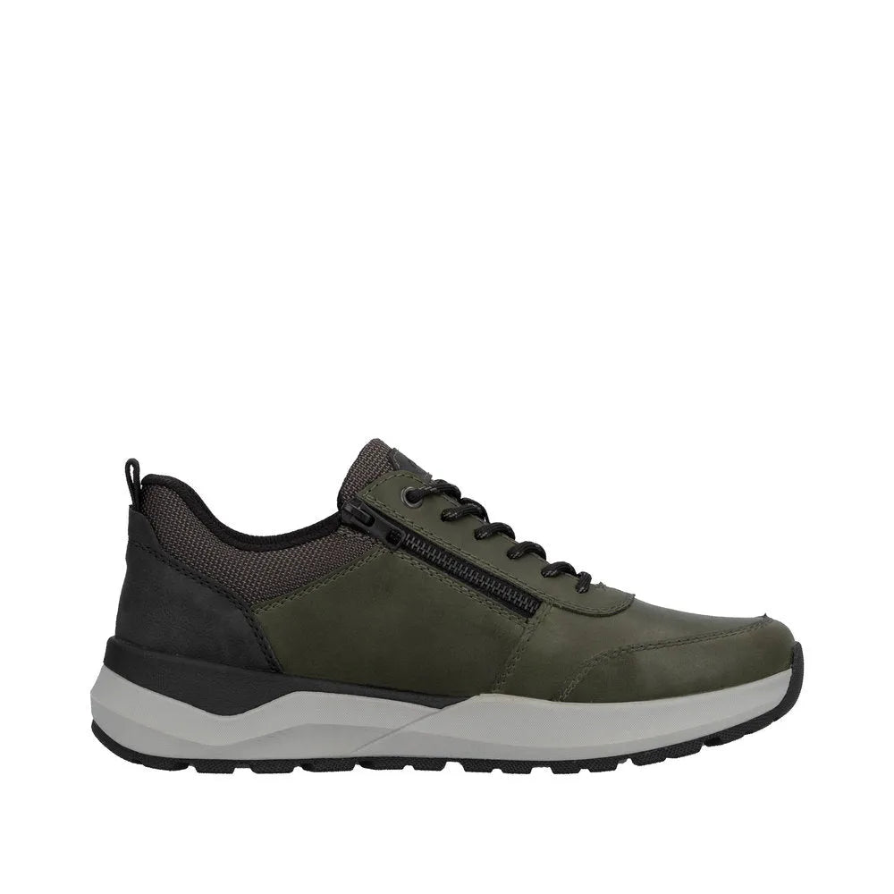 Rieker 06000-54 men's green athletic casual shoes with zip and lace, cushioned sole, and sporty design.