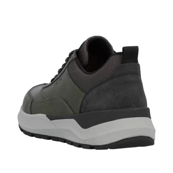 Rieker men's green zip and lace-up casual shoe with chunky sole, black heel, and textured fabric details.