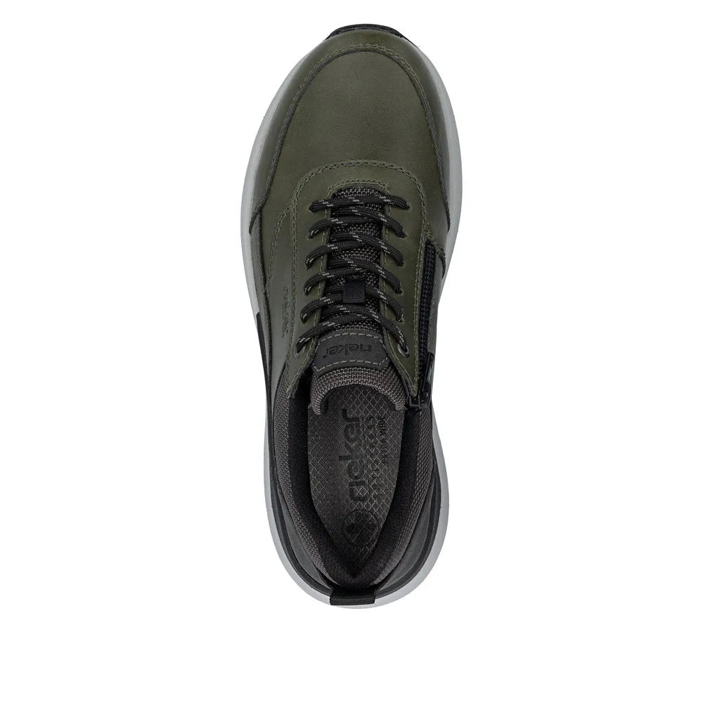 Rieker 06000-54 men's green zip and lace-up casual shoes with padded collar and durable outsole.