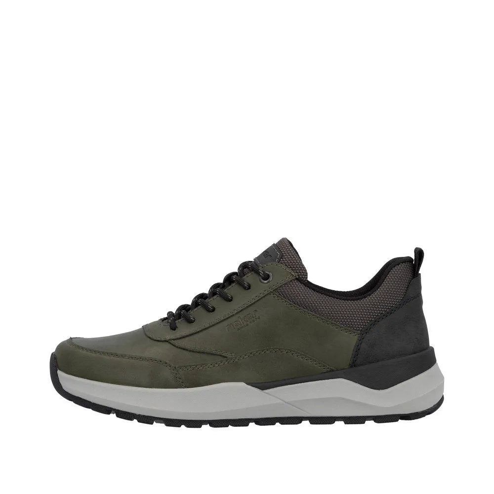 Rieker 06000-54 men's green zip and lace casual sneakers with black and gray accents, cushioned sole, lightweight and comfortable design.