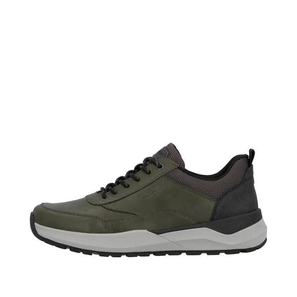 Rieker 06000-54 men's green zip and lace casual sneakers with black and gray accents, cushioned sole, lightweight and comfortable design.