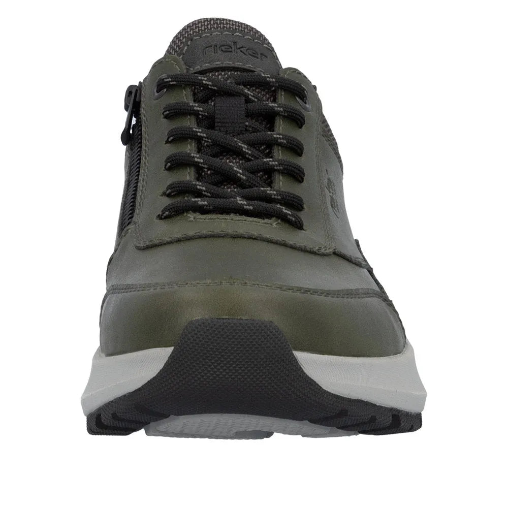 Rieker men's green zip and lace-up sneakers with black accents and white sole, stylish and comfortable casual footwear.