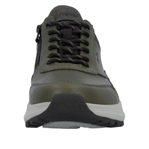 Rieker men's green zip and lace-up sneakers with black accents and white sole, stylish and comfortable casual footwear.