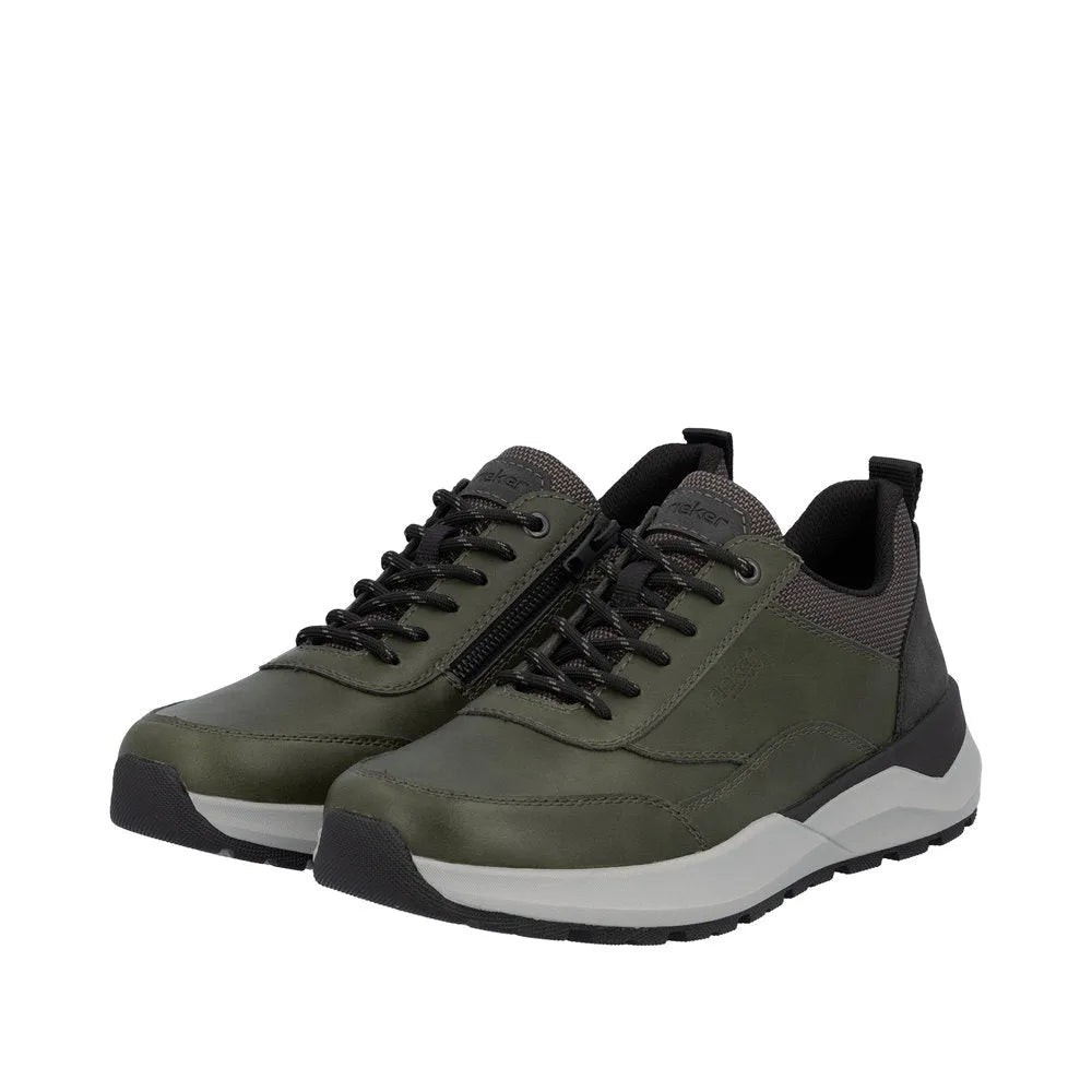 Rieker 06000-54 men's green zip and lace casual sneakers with black accents, padded collar, and rugged rubber outsole.