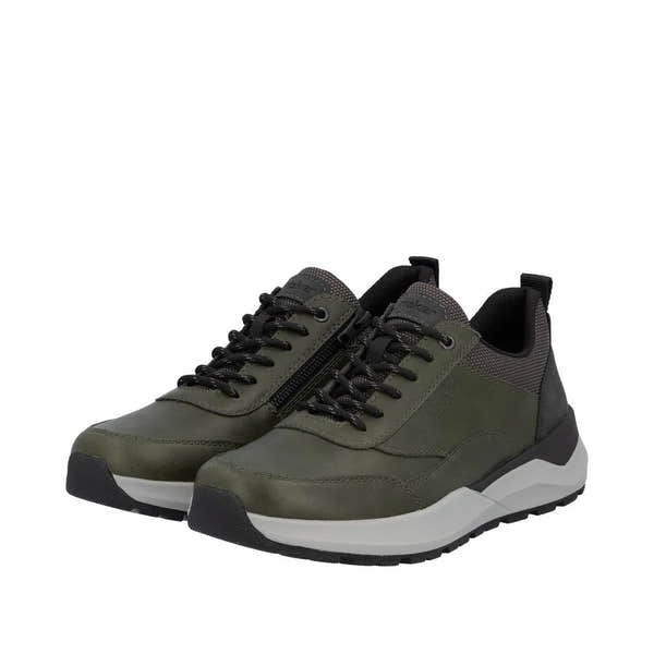 Rieker 06000-54 men's green zip and lace casual sneakers with black accents, padded collar, and rugged rubber outsole.