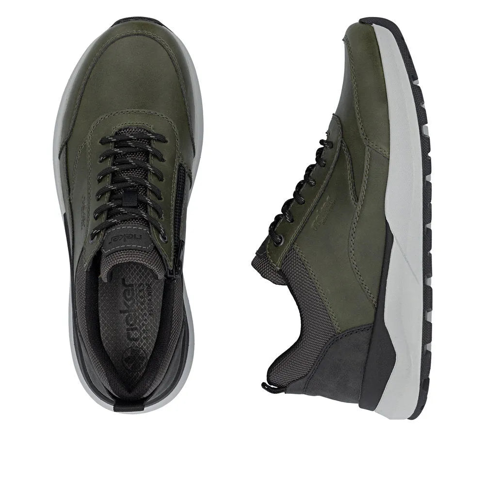 Rieker 06000-54 men's green zip and lace casual shoes with black and white sole, lightweight and comfortable for everyday wear.