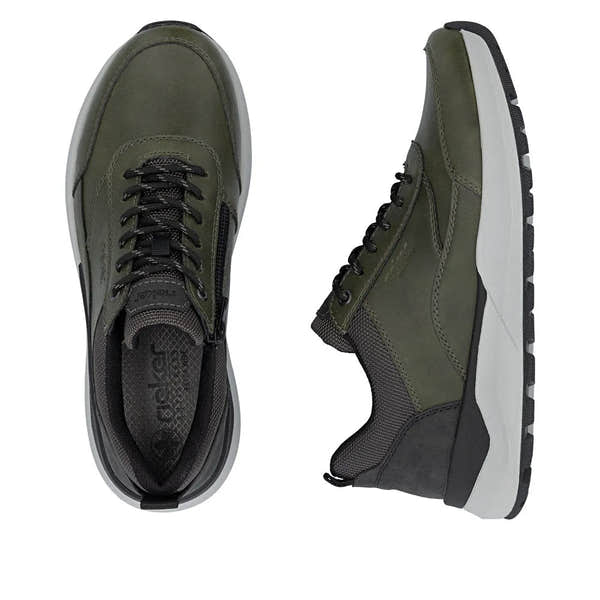 Rieker 06000-54 men's green zip and lace casual shoes with black and white sole, lightweight and comfortable for everyday wear.