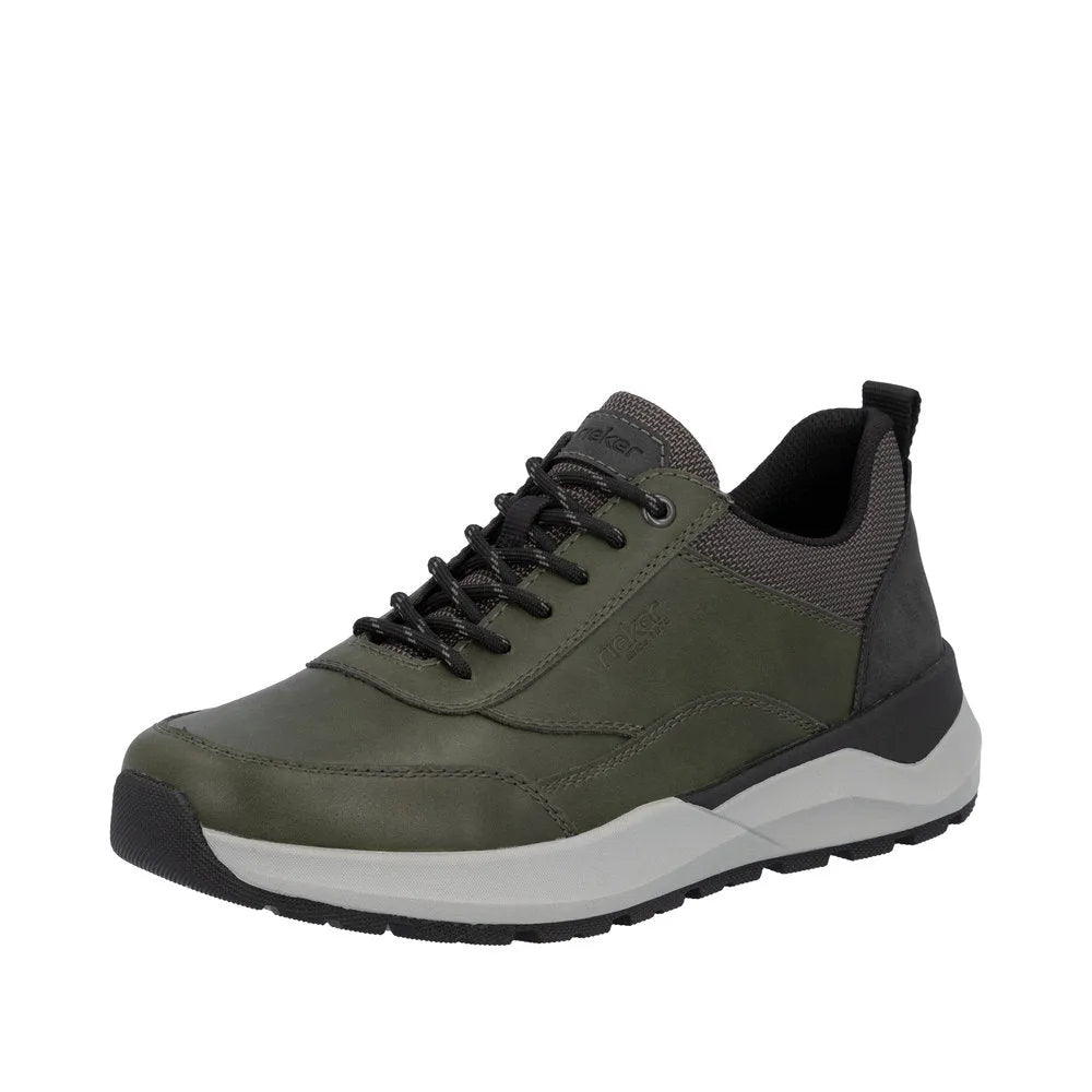 Rieker men's green zip and lace-up casual sneaker with padded collar, black and gray accents, and cushioned white and black rubber outsole.