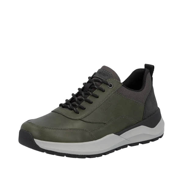 Rieker men's green zip and lace-up casual sneaker with padded collar, black and gray accents, and cushioned white and black rubber outsole.