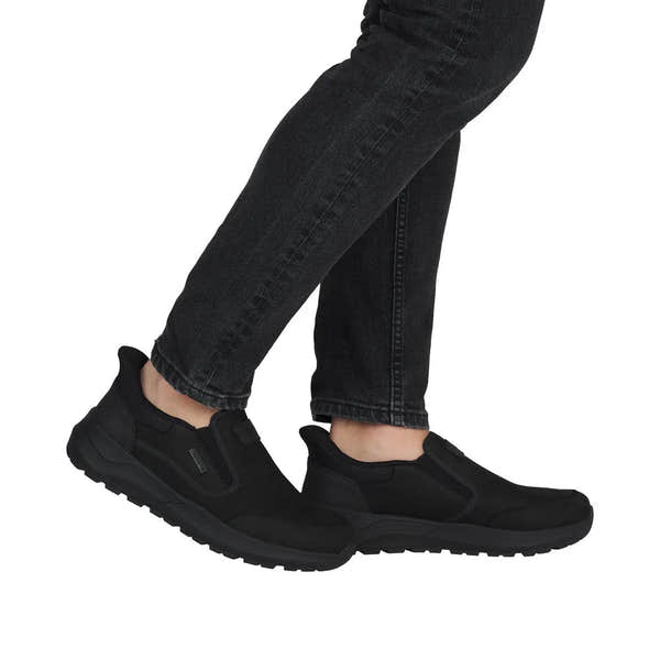 Rieker 06052-00 men's black suede water-resistant slip-on shoes with durable outsole.